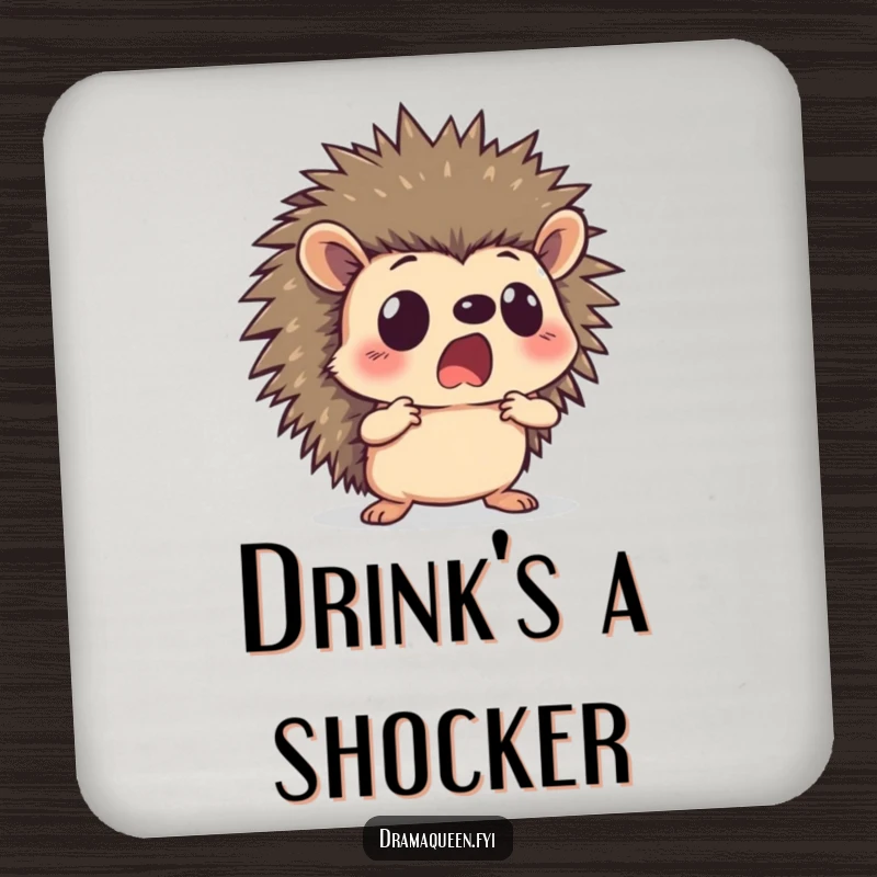 Funny hedgehog coasters featuring a curious character in a dramatic pose with a shocked face, designed to protect surfaces with humor.