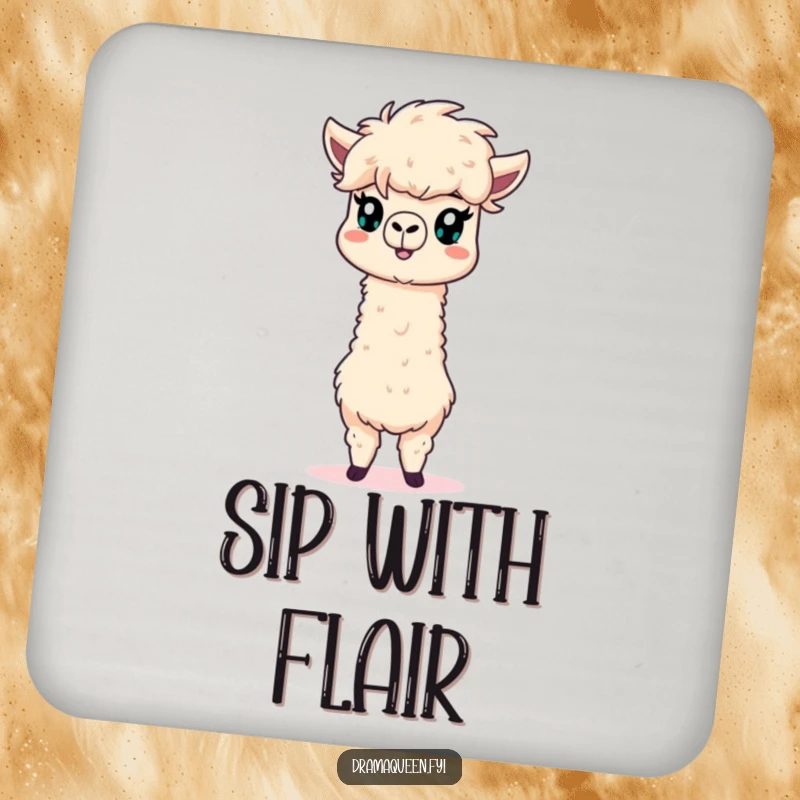 Funny alpaca drink coaster showcasing a fluffy mane and a dramatic pose, protecting surfaces with flair.