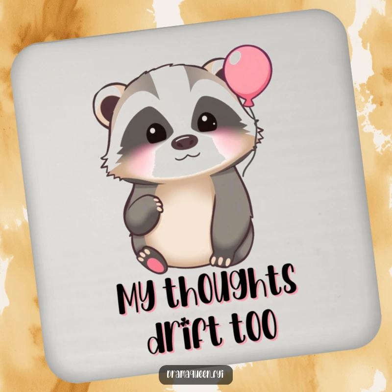 Funny drink coaster with a thoughtful badger gazing at a floating balloon, protecting surfaces while adding a whimsical touch of humor.