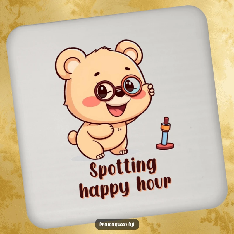 Funny drink coaster with a bear cub wearing a monocle, pointing excitedly at a distant object, offering dapper protection.