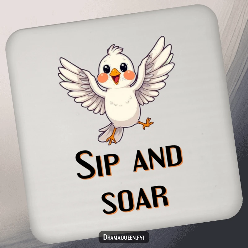 Funny Bird Pose Coasters: A cheerful bird dramatically striking a pose mid-flight, wings spread, protecting surfaces with charm.
