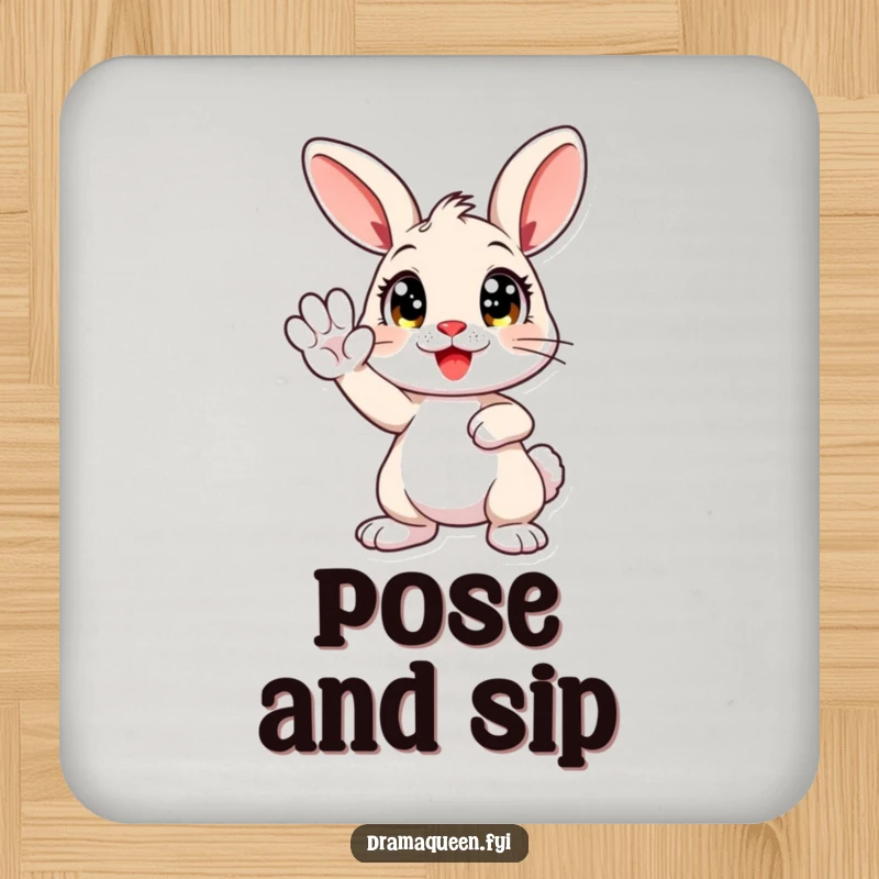 Funny drink coaster featuring a cute bunny character striking a dramatic pose, paw held high, protecting surfaces with humorous style.