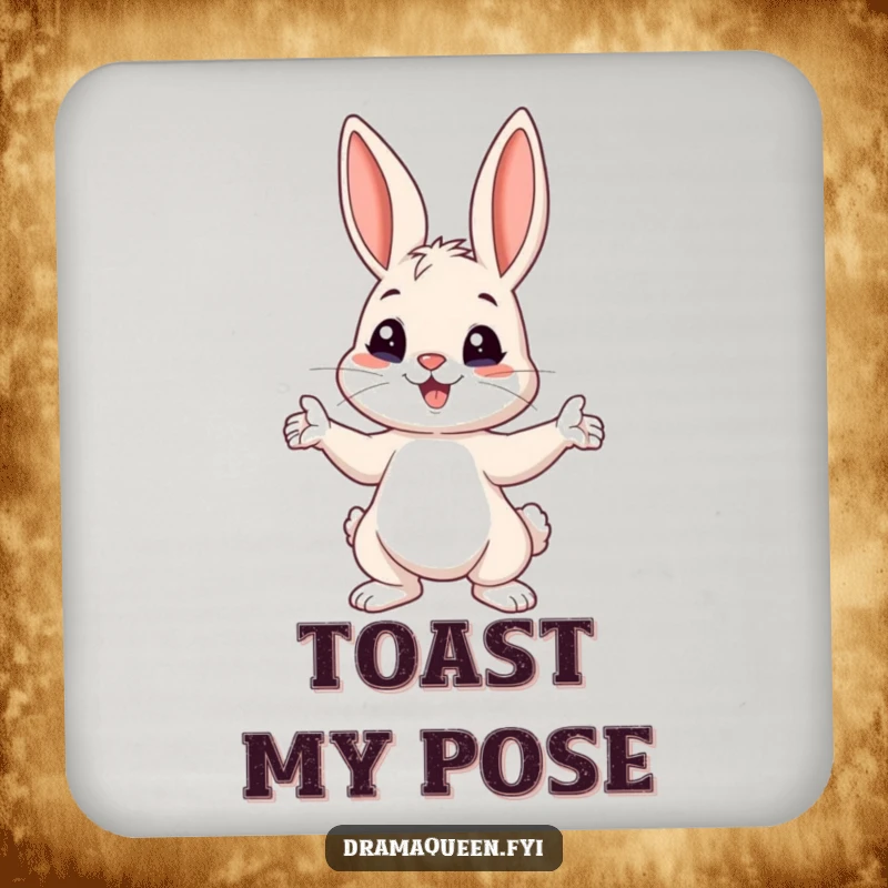 Funny Bunny Pose Coasters: A playful bunny dramatically striking a pose with ears perked up, protecting surfaces with charm.