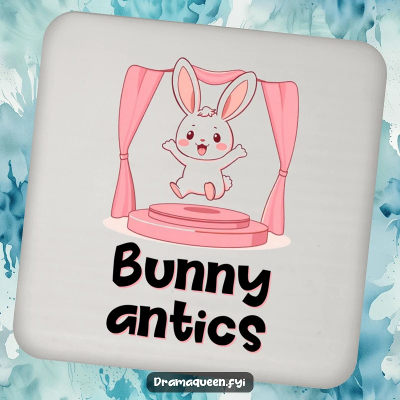Funny playful bunny character leaping onto a miniature stage on a drink coaster, adding theatrical humor and flair.