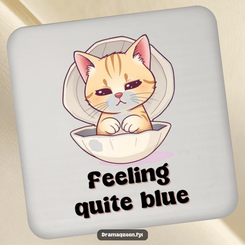 Funny Cat Sad Face Drink Coaster with a dramatic feline practicing its sad expression in a polished seashell.