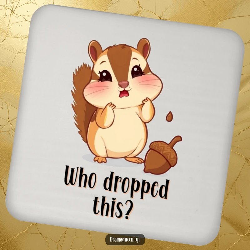 Funny chipmunk coasters featuring a chipmunk with puffed cheeks looking shocked at a falling acorn. Protects surfaces with humor, great for gifting.