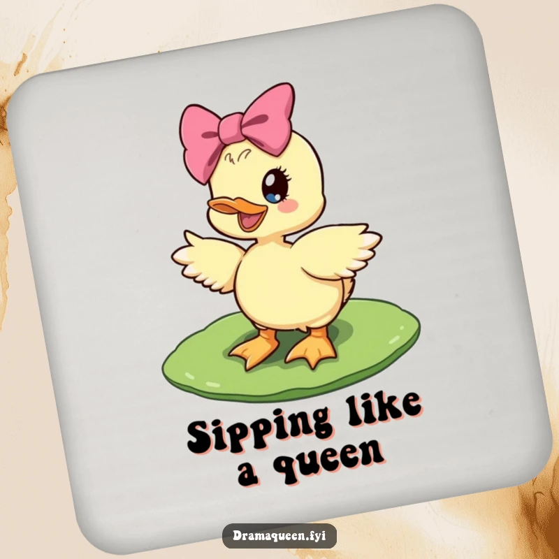Funny diva duckling drink coaster featuring a delighted duckling with a giant bow striking a pose on a lily pad, protecting surfaces.