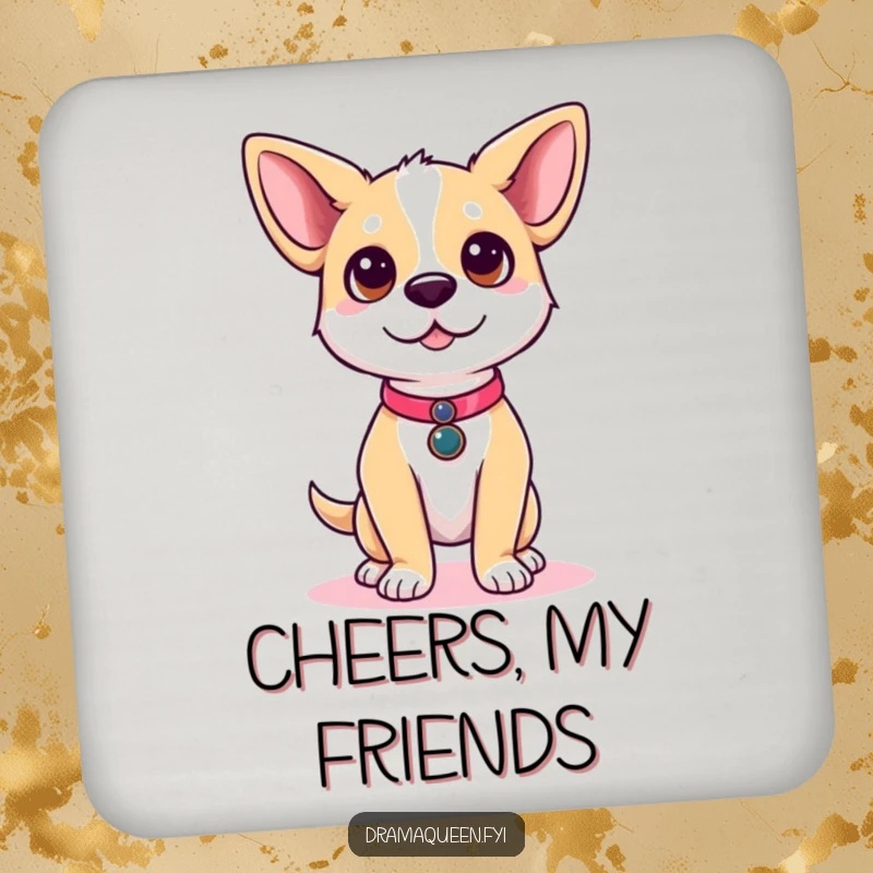 Funny dog coasters featuring a cute dog character posing on a runway, adding stylish protection to surfaces.