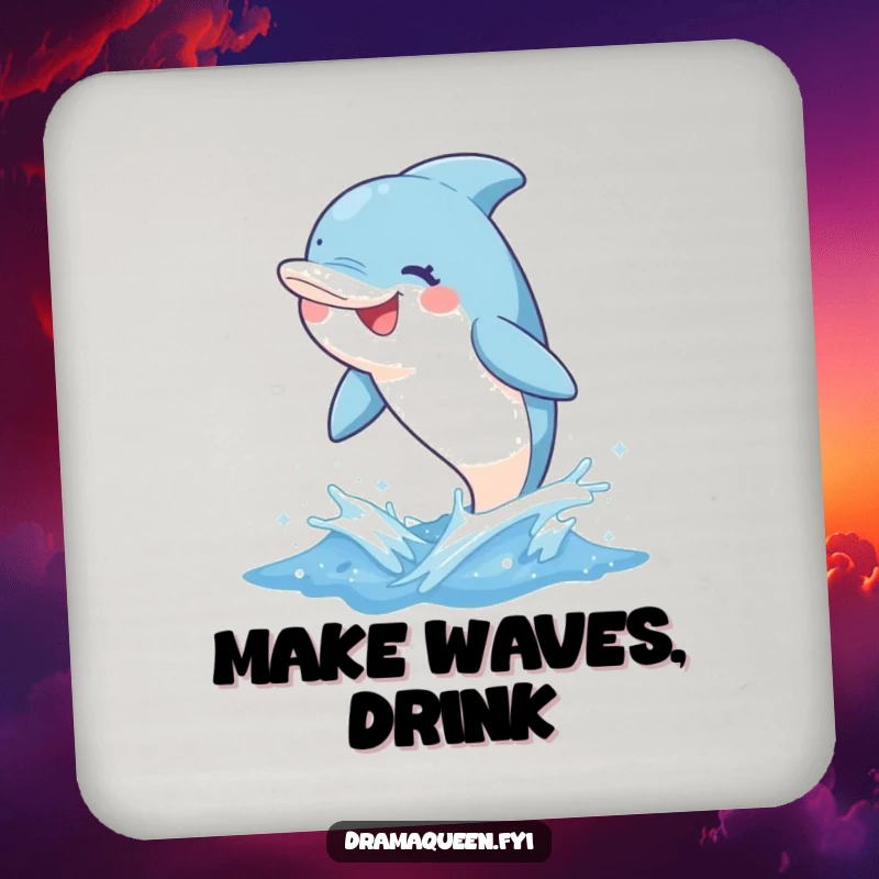 Funny dolphin coaster featuring a delighted character leaping from a sparkly wave with a whimsical grin, perfect for protecting surfaces.