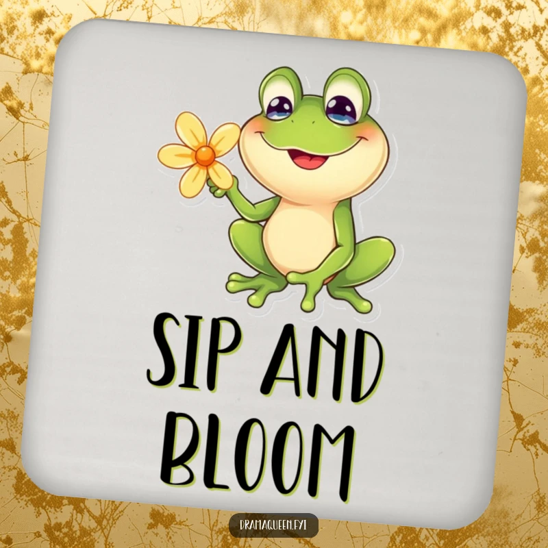 Funny frog coasters featuring a frog with a goofy smile posing with a flower. Protects surfaces with humor, great for gifting.