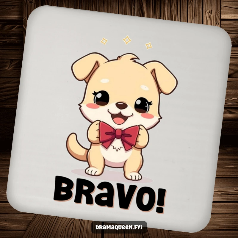 Funny Drink Coaster featuring a gleeful dog character performing a theatrical bow, offering surface protection with a humorous, dramatic design.