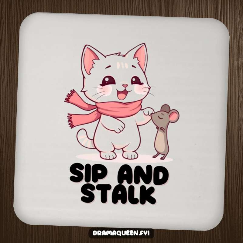 Funny Kitten Coaster: Happy kitten in a pink scarf dramatically reaching for a toy mouse, a cute and practical funny gift.