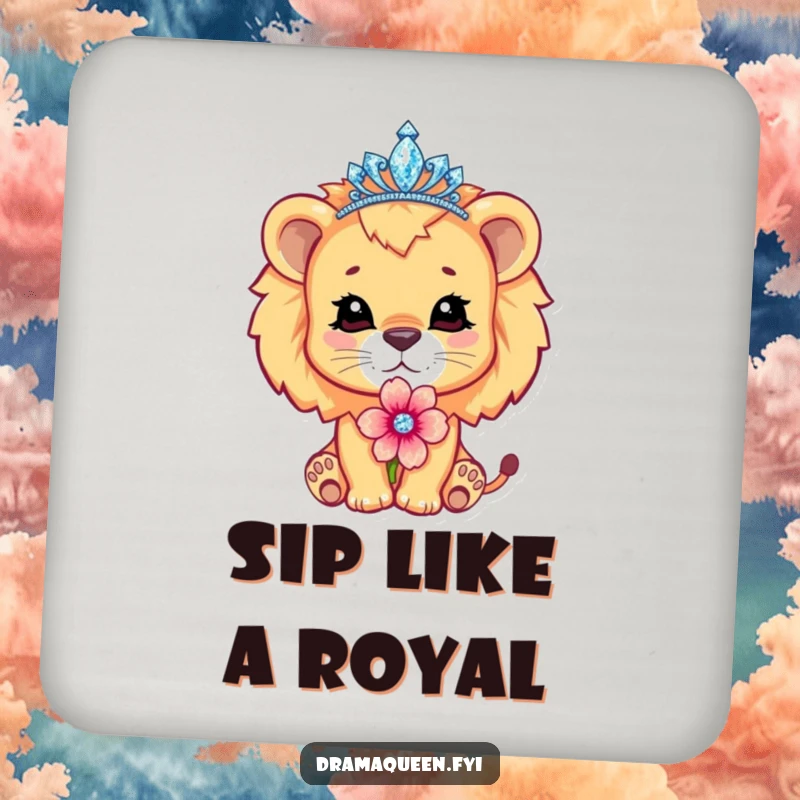 Funny cute lion cub character wearing a sparkling tiara, pouting dramatically with a flower, set of coasters, royal decor.