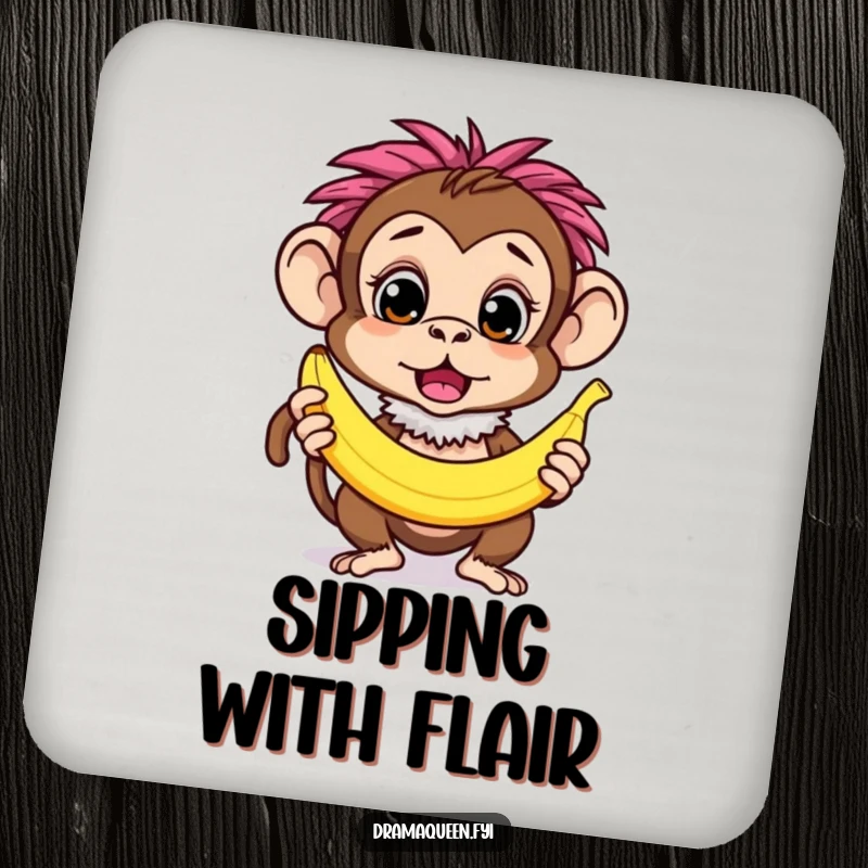 Funny curious monkey character wearing a feathery boa, striking a surprised pose with a banana, set of coasters, quirky decor.