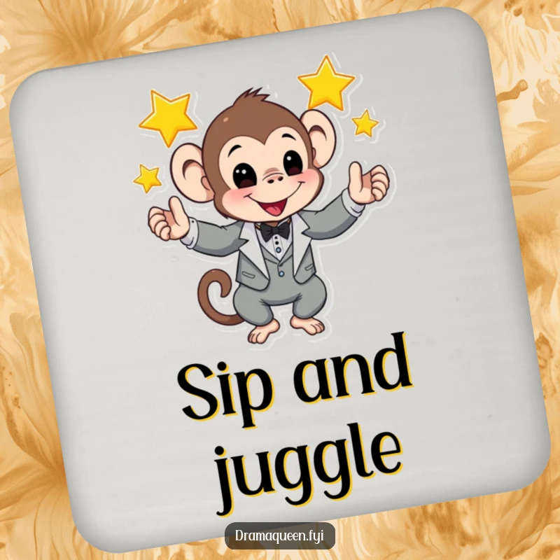 Funny coaster featuring a monkey in a tuxedo juggling shining stars, a humorous and stylish addition to any table.