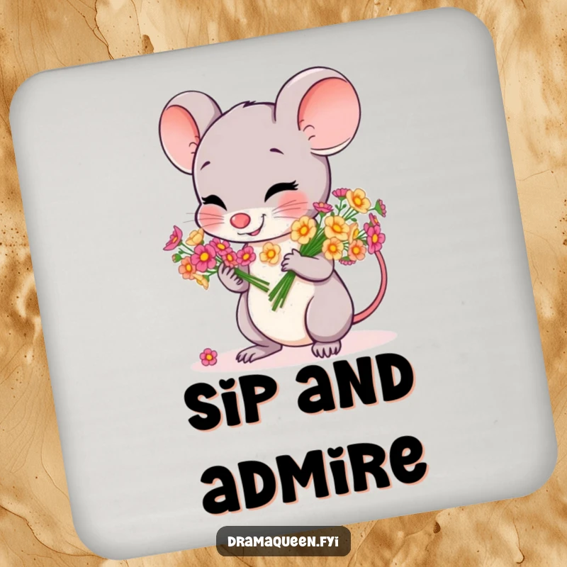 Funny drink coaster featuring a cheerful mouse character bowing gracefully with a bouquet of tiny, colorful flowers, protecting surfaces humorously.