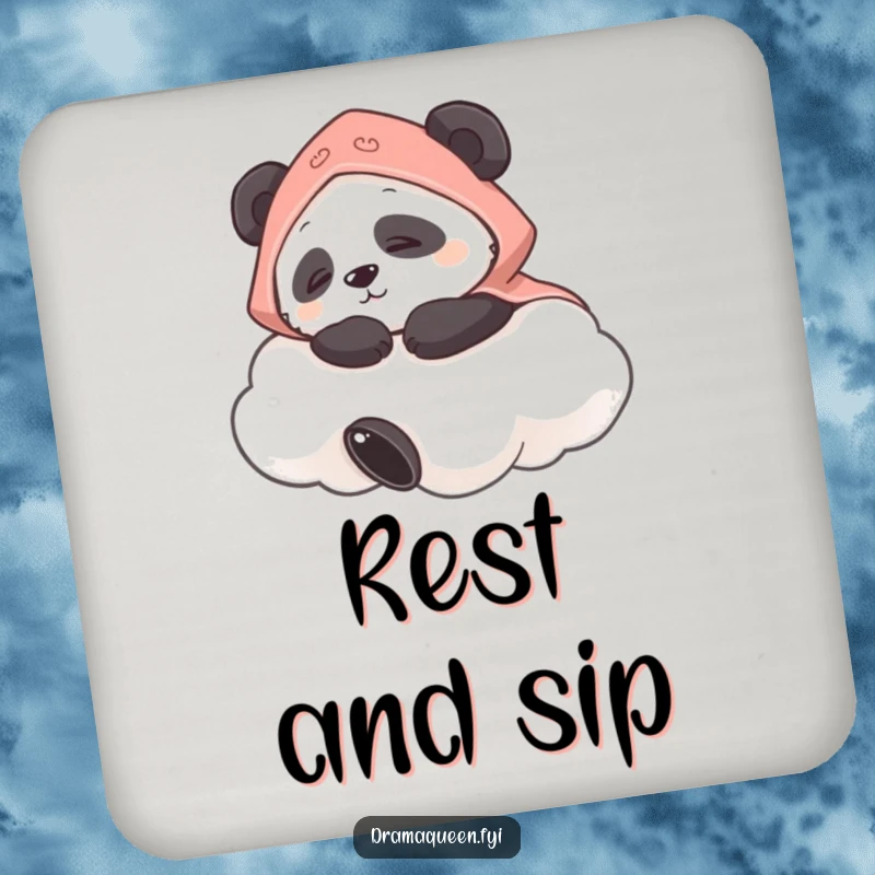 Funny coaster featuring a panda wearing a cape napping on a cloud, a humorous and charming addition to any table.