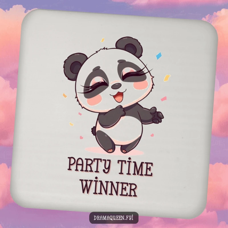 Funny Panda Coaster: Playful panda with long eyelashes scattering confetti with exaggerated flair, a delightful party accessory, funny gift.