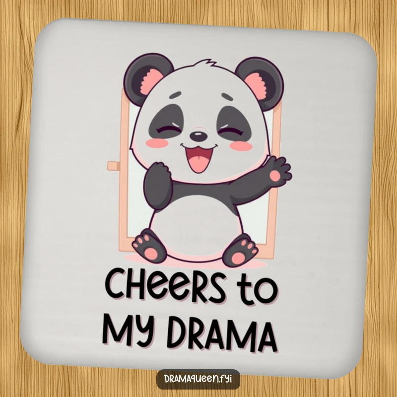 Funny drink coaster featuring a giggling panda practicing dramatic poses in a mirror, adding humor to any tabletop.