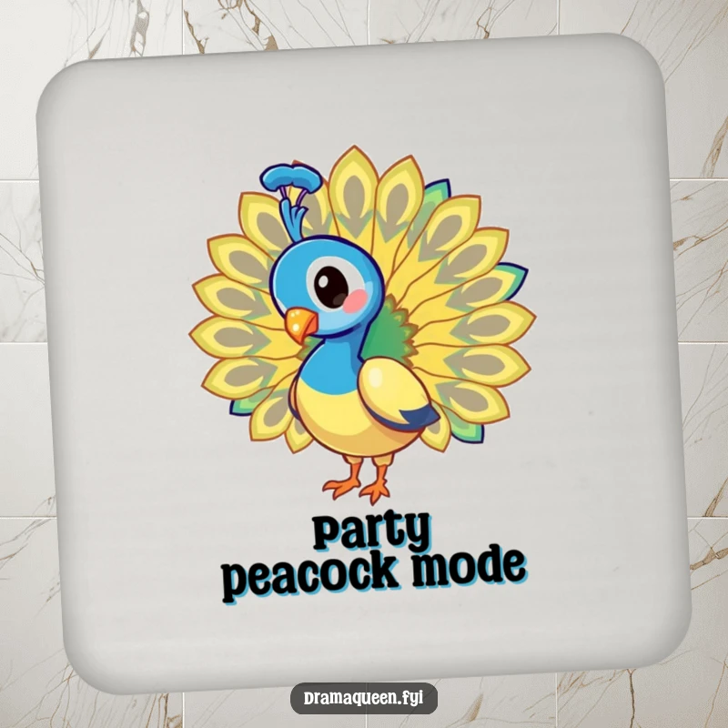 Funny Coaster: Peacock displaying its magnificent, dazzling tail feathers, protecting surfaces with humorous flair.