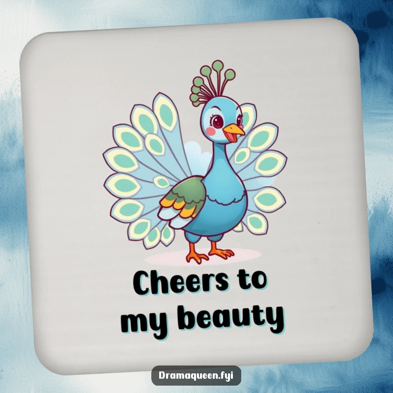 Funny drink coaster featuring a regal peacock fanning its tail feathers with a cheerful grin, adding a humorous touch to any table.