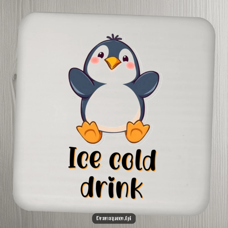 Funny penguin coasters featuring a playful character in a dramatic pose with flippers out, designed to protect surfaces with humor.