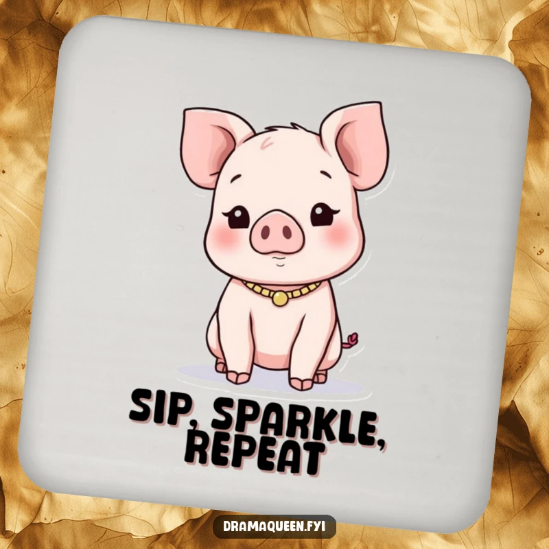 Funny Piglet Necklace Drink Coaster: Cute piglet with a necklace looking for attention, protecting surfaces from drinks.