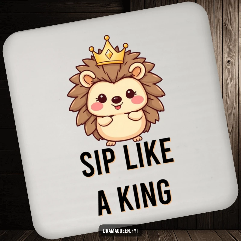 Funny hedgehog coaster featuring a happy character wearing a tiny, sparkling crown, protecting surfaces with regal, humorous flair.