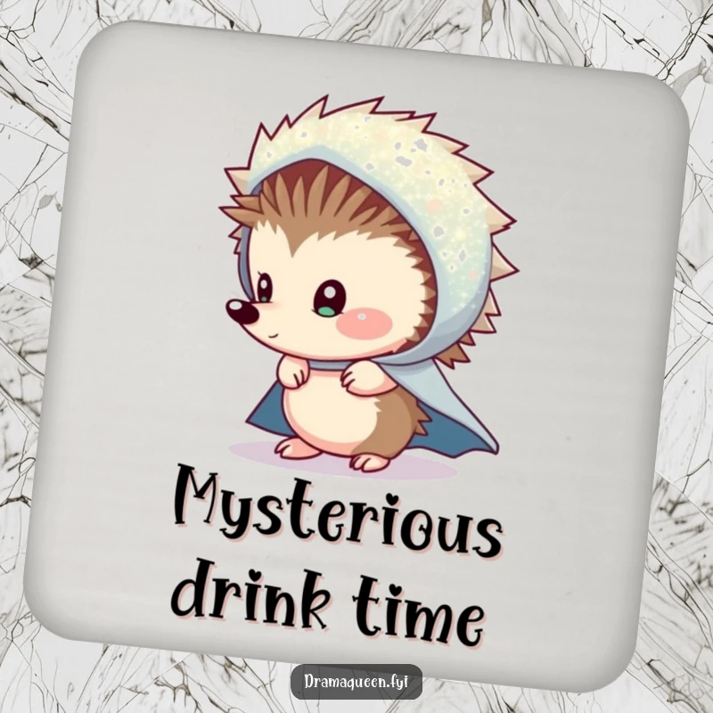 Funny Shy Hedgehog Cape Drink Coaster: Shy hedgehog peeking from a sparkly cape, protecting surfaces from drinks with charm.