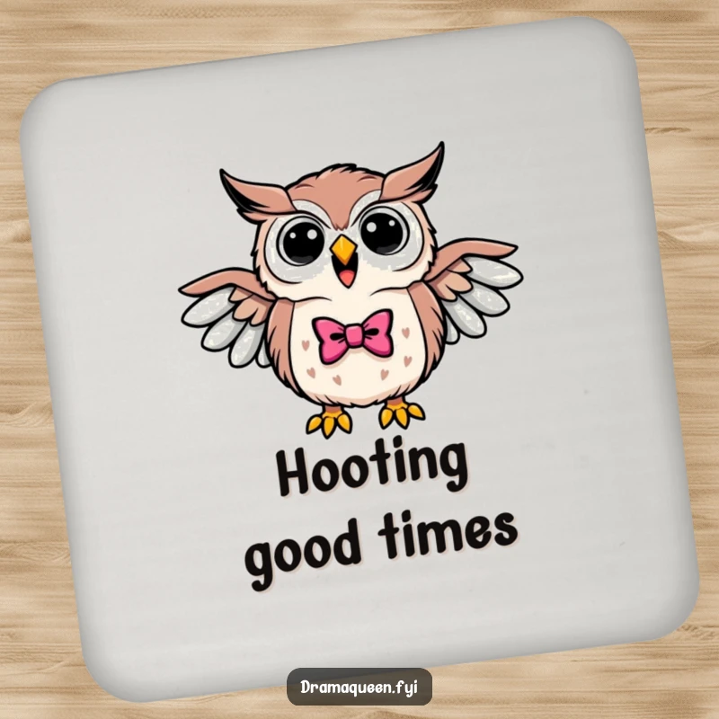 Funny drink coaster with a triumphant owl wearing a bowtie, hooting loudly with wings outstretched, offering wise protection.