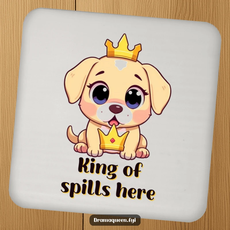 Funny surprised puppy drink coaster featuring a puppy dropping a tiny crown with wide, expressive, shocked eyes, protecting surfaces.