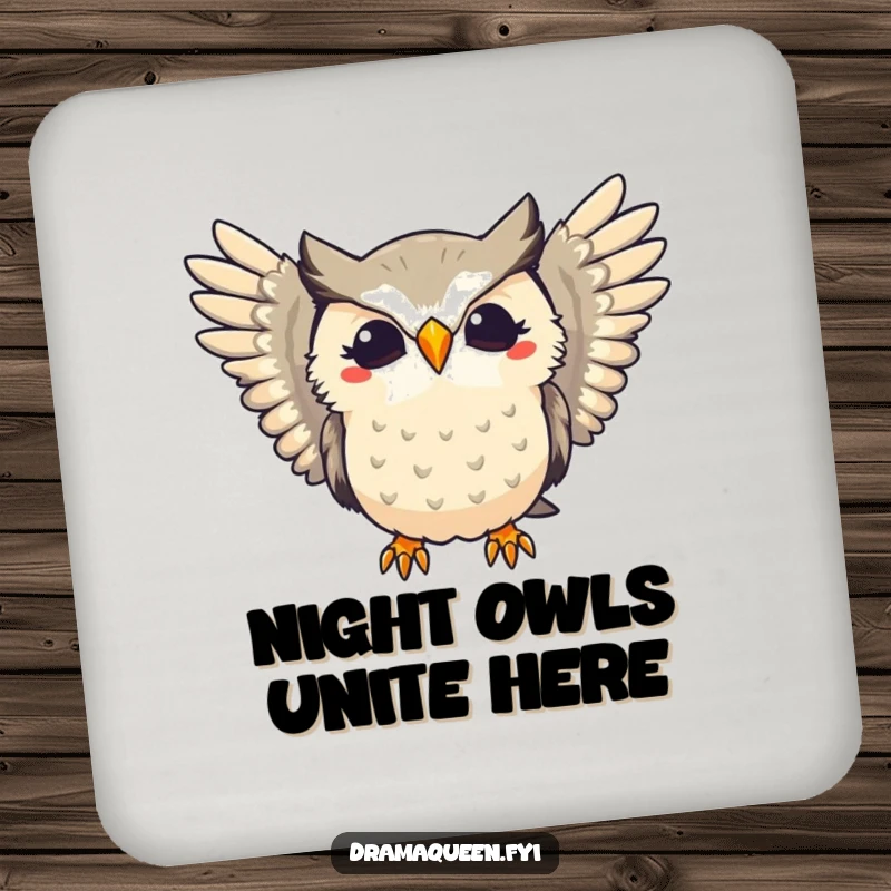 Funny drink coaster featuring a dramatic owl hooting with flair and extended wings, adding a humorous touch to any table.