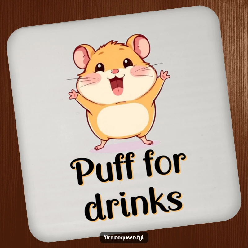 Funny Hamster Pose Coasters: A happy hamster striking a dramatic pose with cheeks puffed out, protecting surfaces with humor.