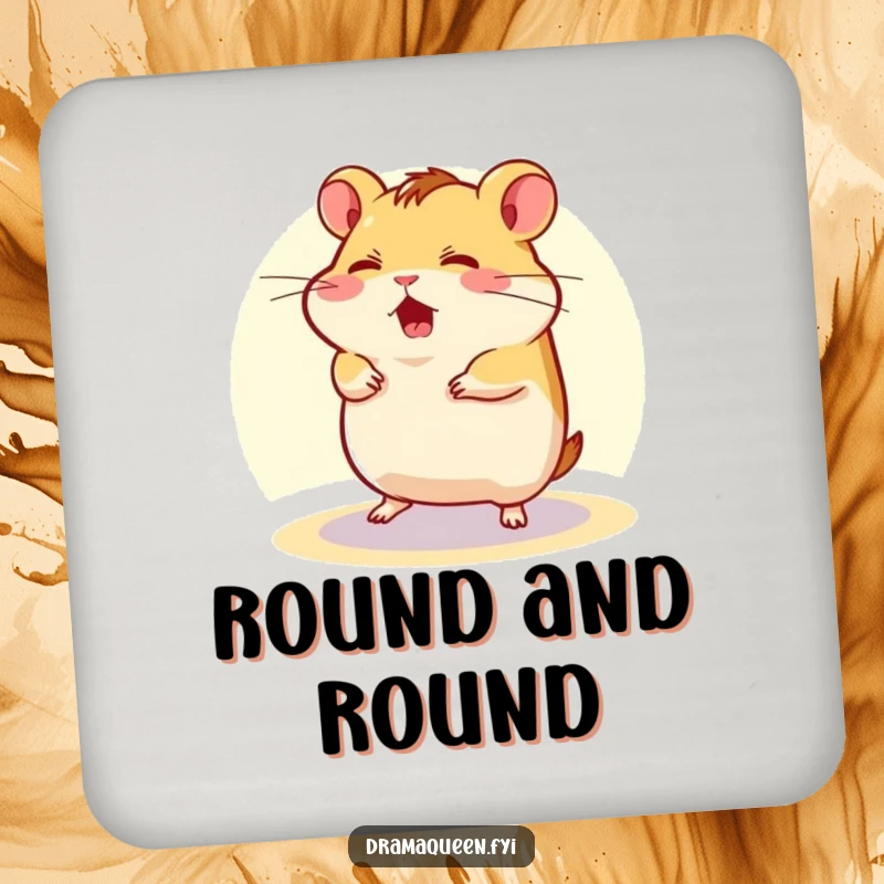 Funny Drink Coaster featuring a flustered hamster character spinning in a tiny spotlight, offering surface protection with a humorous design.