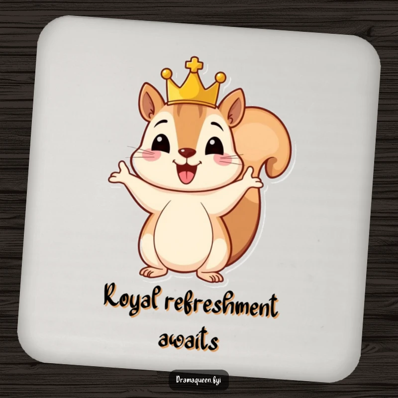 Funny coaster with a cheerful squirrel wearing a small crown, gesturing grandly, a humorous and regal touch to protect furniture.