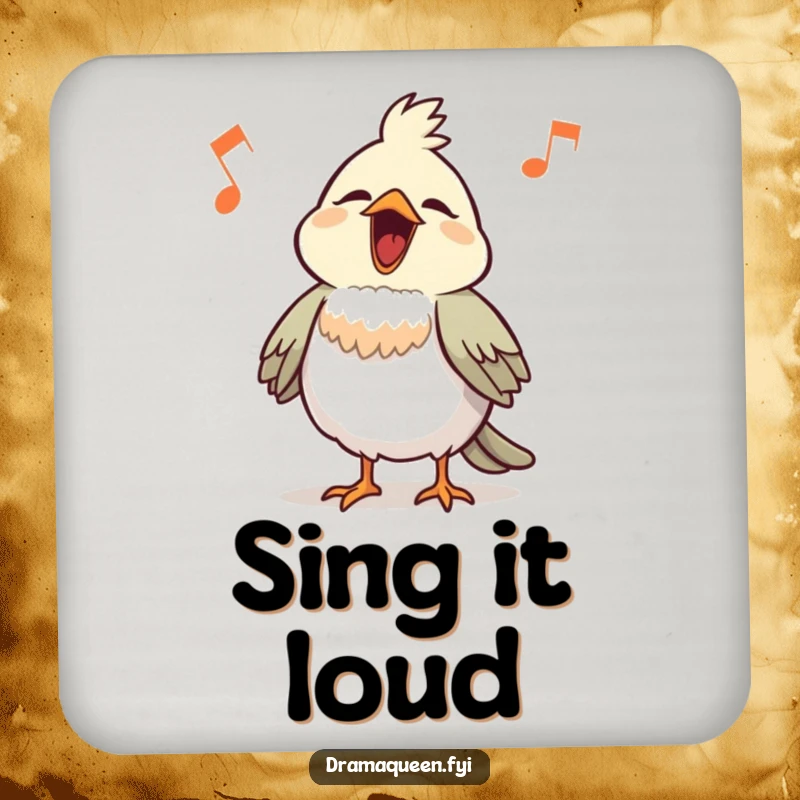 Funny Bird Coaster: A proud little bird with chest puffed out sings a loud, comical tune.