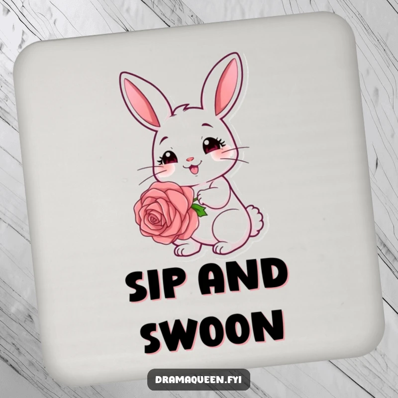Funny rabbit drink coaster featuring a cute coy bunny holding a big rose, protecting tables with charm.