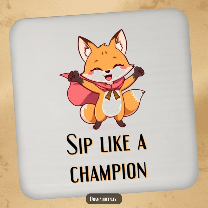 Funny drink coaster with a triumphant fox wearing a flowing cape, striking a heroic pose, protecting surfaces.