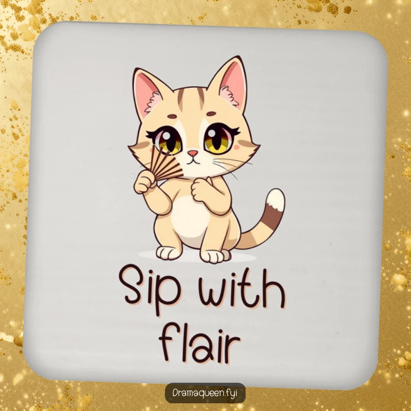 Funny cat coasters featuring a stylish cat character dramatically fluttering a fan, adding sass and protection to surfaces.
