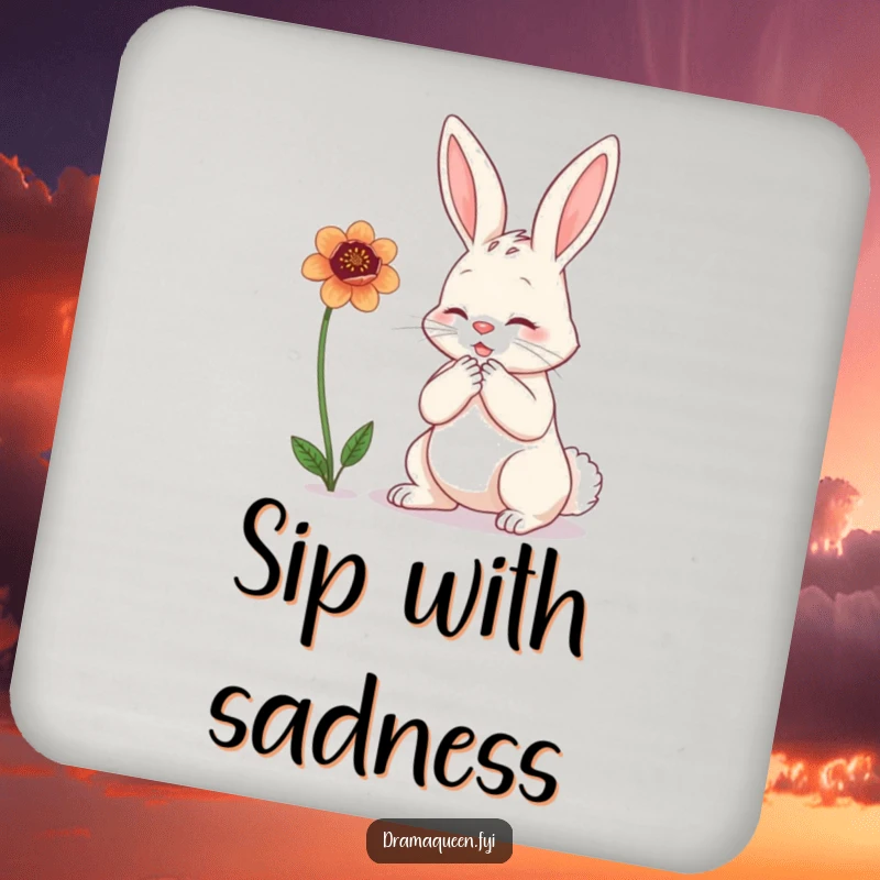 Funny bunny drink coasters featuring a dramatic rabbit clutching its chest over a wilting flower, adding humorous pathos to surfaces.