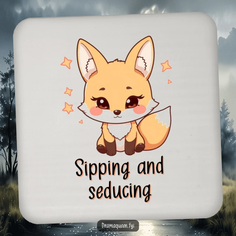 Funny Drink Coaster with a coy fox character batting eyelashes, providing surface protection with a humorous and charming appeal.