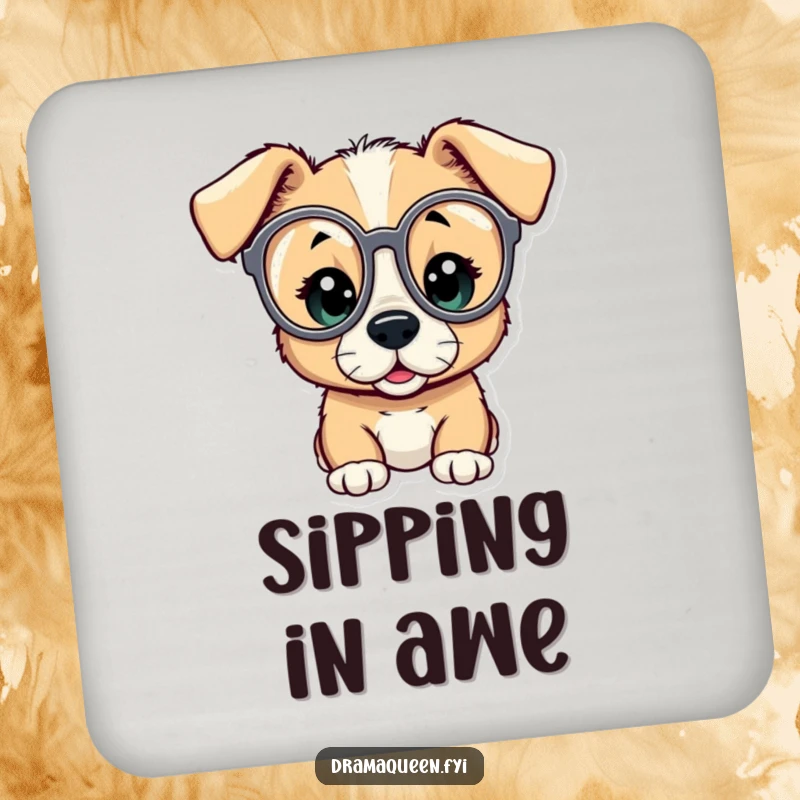 Funny drink coaster featuring a curious puppy looking through opera glasses with an expression of utter amazement, protecting surfaces humorously.