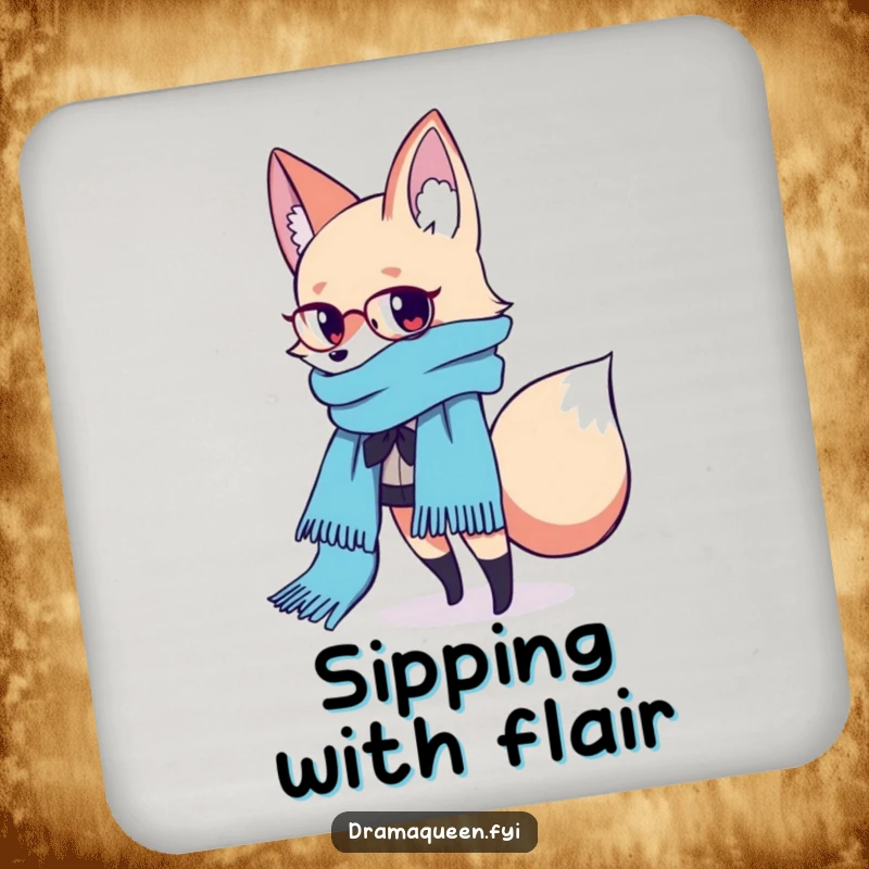 Funny Fashion Fox Scarf Coaster: A fashionable fox poses with a flowing scarf, adding chic and funny protection to surfaces.