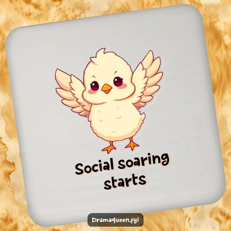 Funny Chick Take Flight Coasters featuring a fluffy chick flapping wings, offering protection with a dose of humorous ambition.