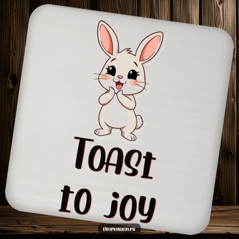 Funny bunny coasters featuring a cheerful bunny character performing a dramatic curtsey, adding charming protection to surfaces.