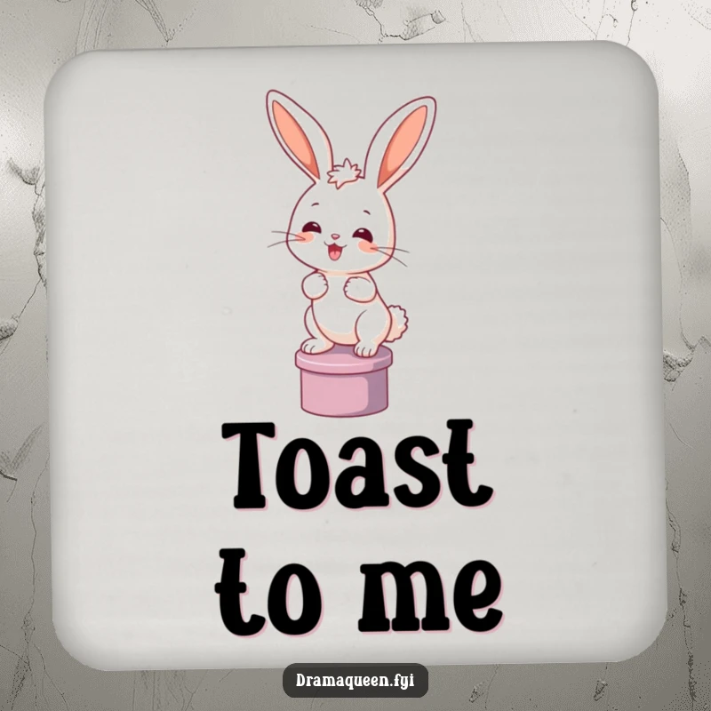 Funny bunny coasters featuring a happy rabbit posing on a pedestal. Protects surfaces with humor, great for gifting.