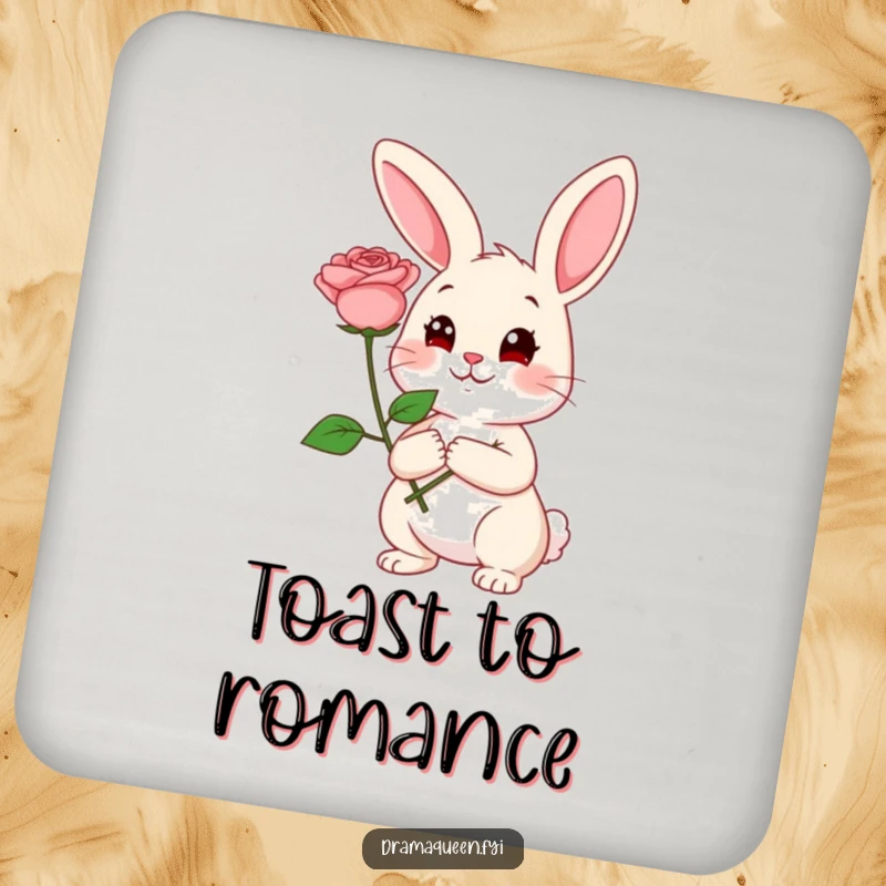 Funny Rabbit Coaster: Cheerful rabbit holding a rose with a coy expression, a cute and practical funny gift.