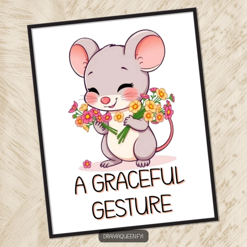 Funny poster print of a cheerful mouse character bowing gracefully with a bouquet of tiny, colorful flowers, adding charm.