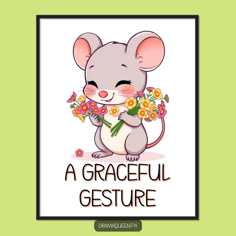 Funny Mouse Flower Poster: Cheerful Bow Art Print, Hilarious Decor Gift