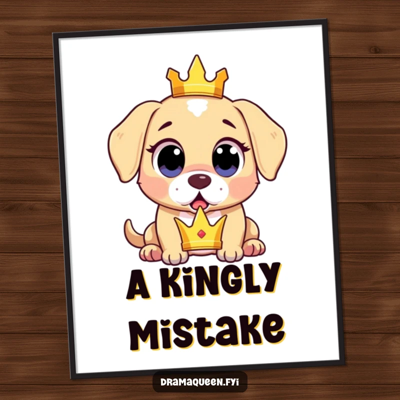 Funny surprised puppy poster depicting a puppy dropping a tiny crown with wide, expressive, shocked eyes, perfect wall art.